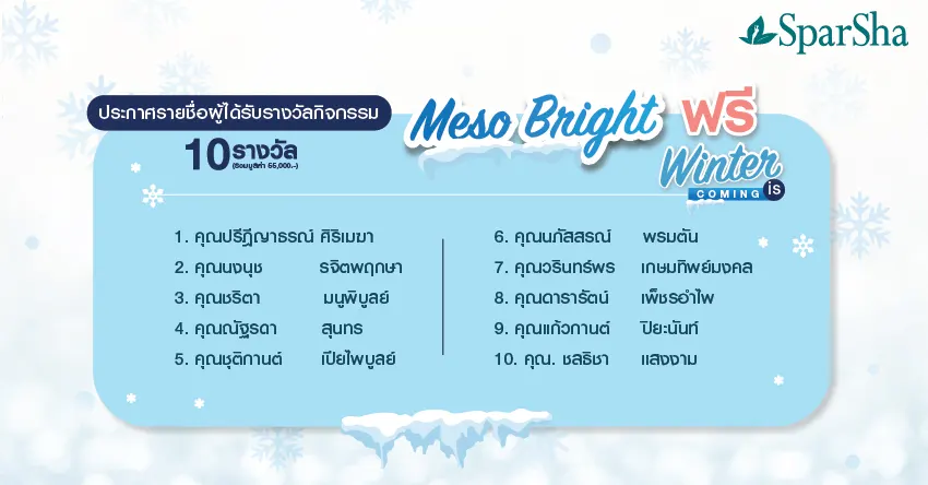 ประกาศรายชื่อผู้โชคดีจากกิจกรรม Meso Bright จำนวน 10 รางวัล