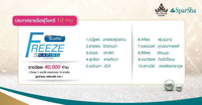 ประกาศรายชื่อผู้โชคดี กิจกรรมแจกคอร์สกระชับสัดส่วน Freeze Shaping By Cool Shaping